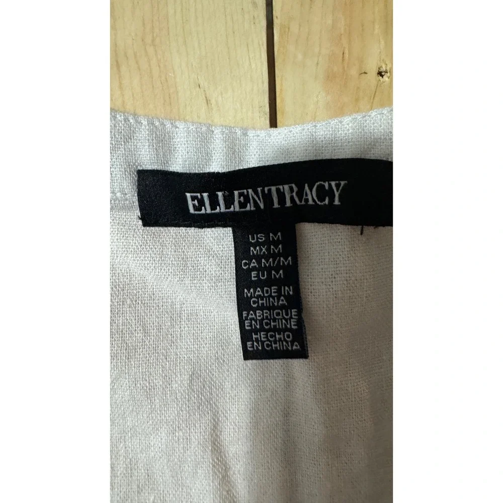 Ellen Tracy White Linen Blend V-Neck Blouse Short Sleeve Top‎ Women's M